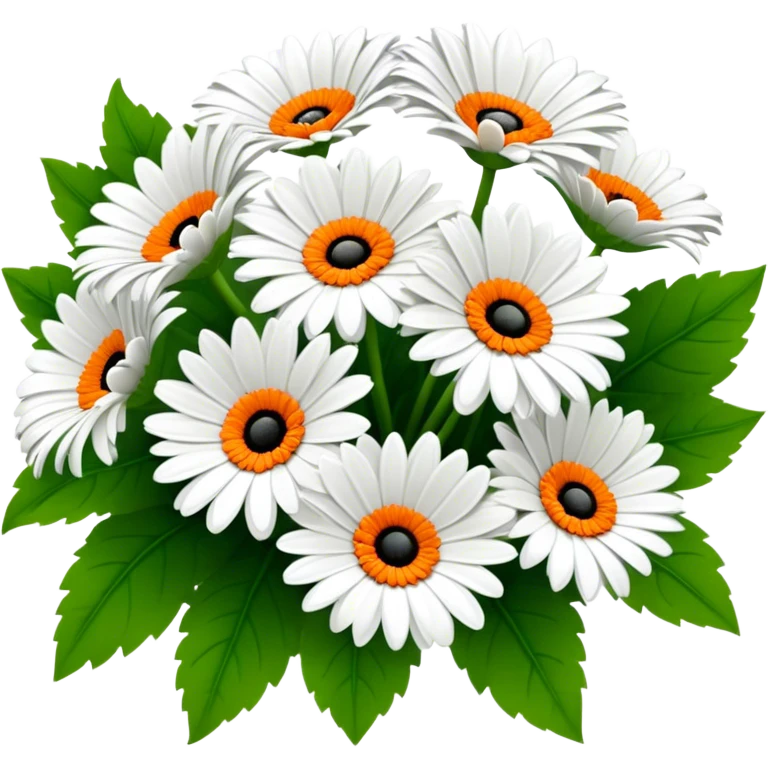 bouquet White Gerbera Daisy, luxuriant, leaf, bud, black pollen, orange style emoji