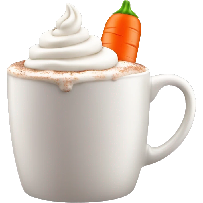 Realistic hot chocolate in pastel color mug with whipped cream on top and a carrot stuck through the whipped cream. emoji