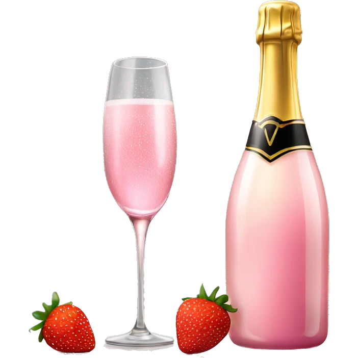 Realistic pink champagne bottle and pink clear glass full of the champagne with a strawberry in it. emoji