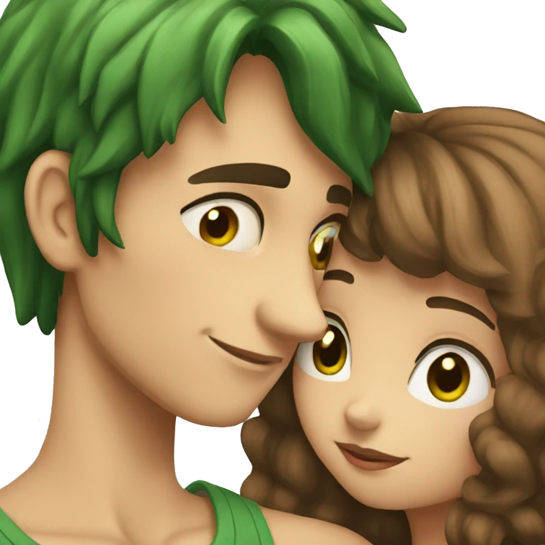 A boy with brown hair kissing a girl with green hair emoji