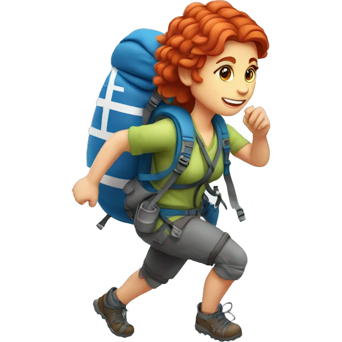 Female mountain climber red hair climbing with Greek flag on backpack and holding Easter eggs basket emoji