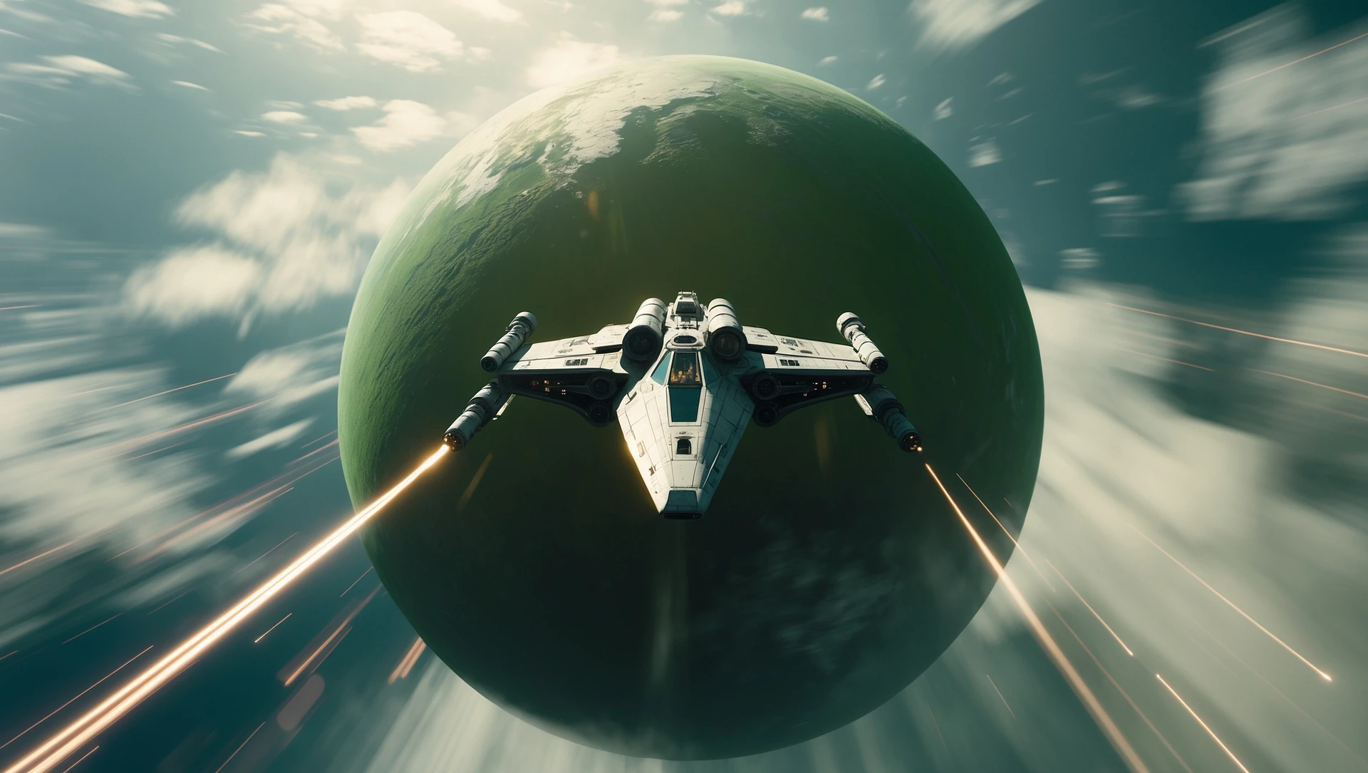 cinematic still, motion blur shutter speed, establishing shot, shot from top, entire globe green planet, single starship coming to planet, inspired by StarWars movie, captured by arri alexa  emoji