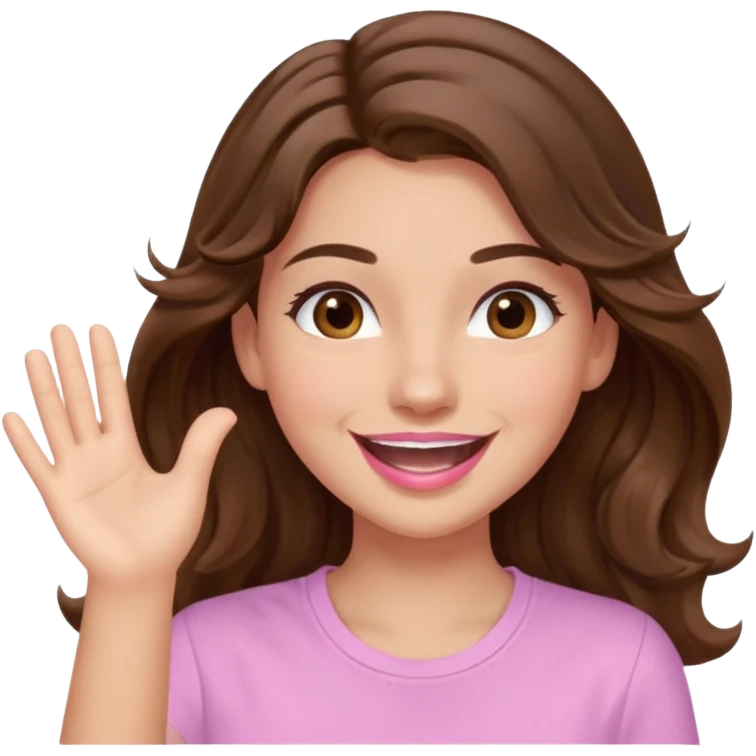 girl with wavy long brown hair, brown eyes, light to medium complexion, long lashes, light pink lipstick, smiling, wearing light pink shirt, slapping emoji
