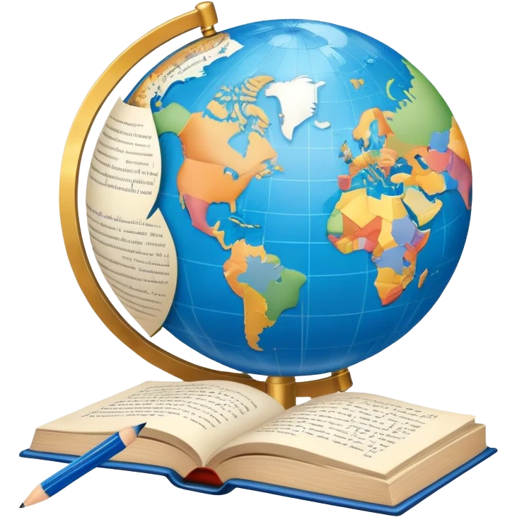 An icon featuring a globe with speech bubbles in different languages, symbolizing the study of foreign languages. The design includes a book and a pencil, representing learning and communication across cultures. Transparent background highlights the global nature of language education. emoji
