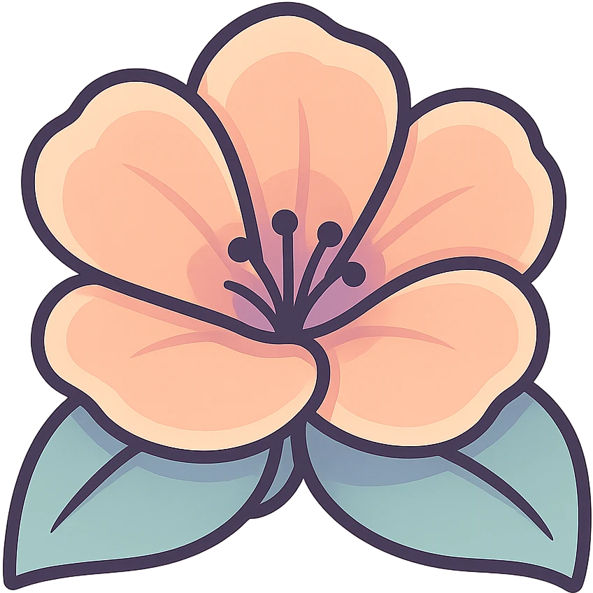 volumetric peach flower with open petals, icon-color-outlined style, detailed shadows and highlights, smooth color transitions, thin clean contours, soft rounded shapes, pastel palette #98B5BC, #B5B3C1, #C9A3C9, #E4C0CA, #F7DCD1, #F7C0AA, modern Japanese pop art and sticker aesthetics, soft lighting, transparent background emoji