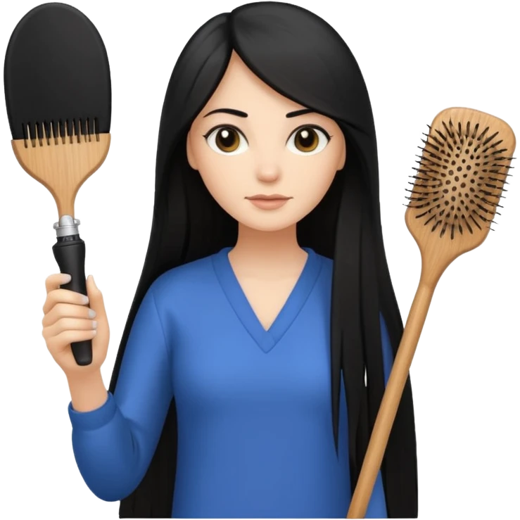 A white woman with long, straight black hair, holding a spray bottle in one hand and a wooden paddle hairbrush in the other. emoji