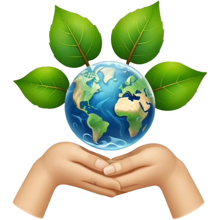 An icon featuring a green leaf, Earth held in hands, and a recycling symbol, symbolizing ecology. The design includes trees, clean water, and animals, representing environmental protection, sustainability, and ecosystems. Transparent background highlights the science of nature and conservation. emoji