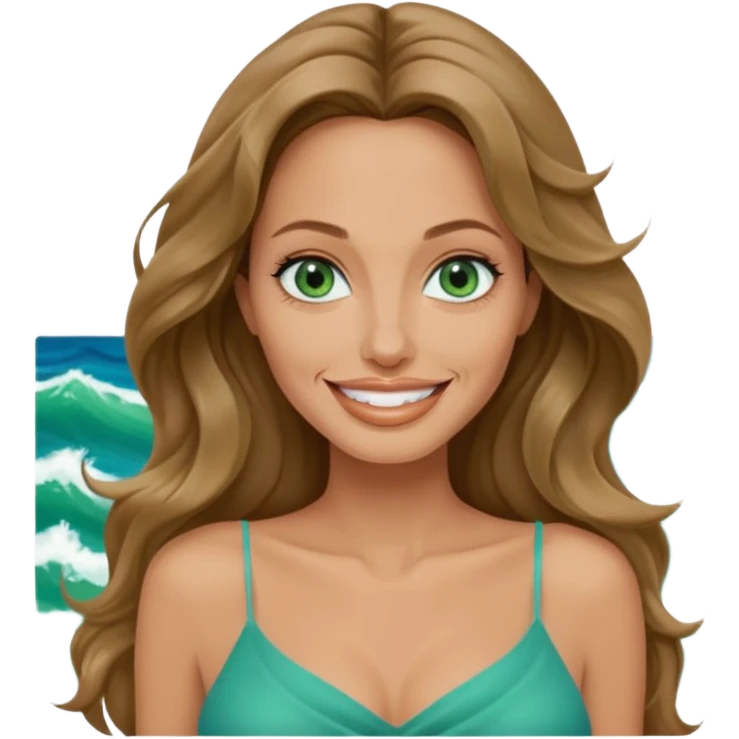 Very tan woman with green blue eyes and Long Beach waves in her hair with an Angelina Jolie smile￼ emoji