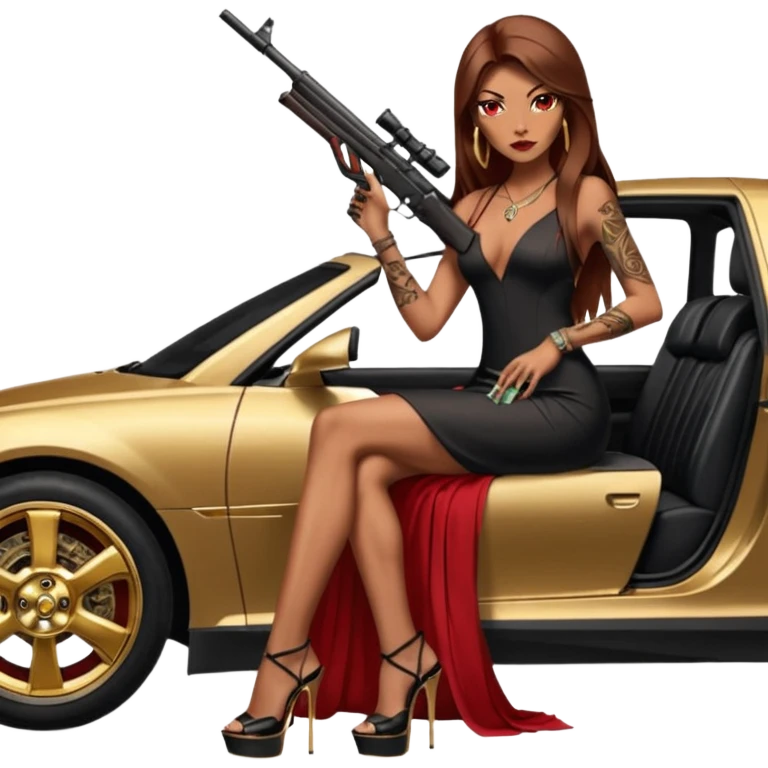Lilith tan skinfemale red eyes symbol. Tattoo arms. Her hair is brown straight long hair.wearing sexy long elegant dress with slit. black stiletto thick platform high heels shoes on. Sitting on gold giant luxury car with cash inside . She is holding a sniper rifle in one hand cash in other hand emoji