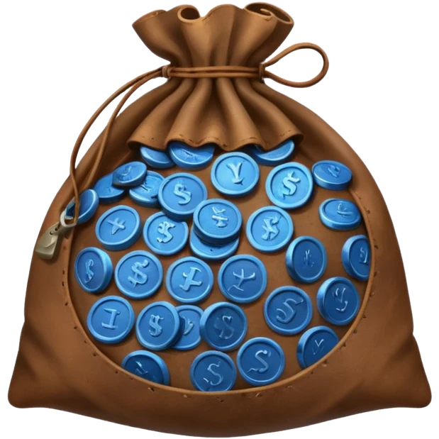 brown money bag full off blue coins inside emoji
