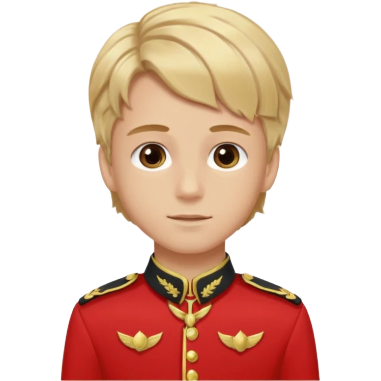 SARI SAÇLI SAÇININ YARISI SOLA DOĞRU DİĞERİNİN SAĞ TARAFTA AMA DÜZ DURAN KAHVERENGİ GÖZLÜ UZUN KİRPİKLİ BUĞDAY RENKLİ KIRMIZI ÜNİFORMALI BİR ERKEK ÇOCUK emoji