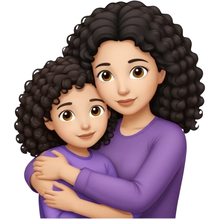 Hispanic mother curly black hair and daughter with straight brown hair hugging emoji