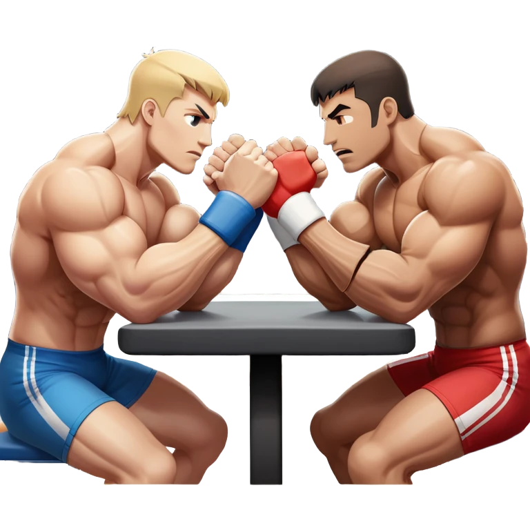Two strong competitors locked in an intense arm wrestling match, muscles tensed as they battle for victory. The table is well-lit, showcasing their focused expressions and powerful arm grips. The background features a competitive arena with a cheering crowd. Transparent background. emoji