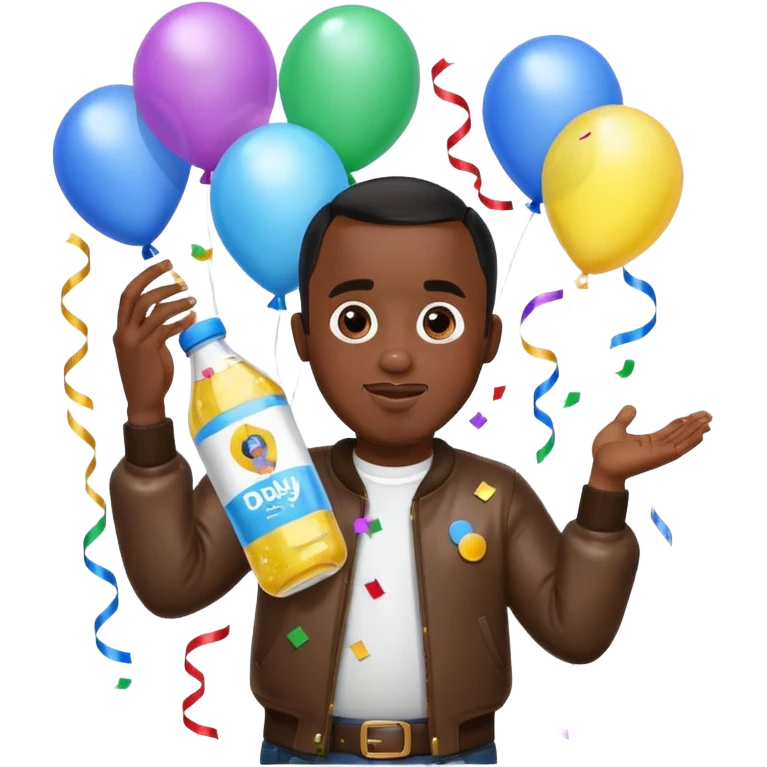 Diddy holding baby oil at a party with balloons and confetti and banners oiled up with kids oiled up emoji