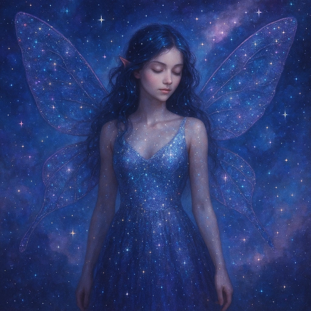 cosmic fairy with starry wings, shimmering dress, galaxy background, dreamy ethereal style emoji