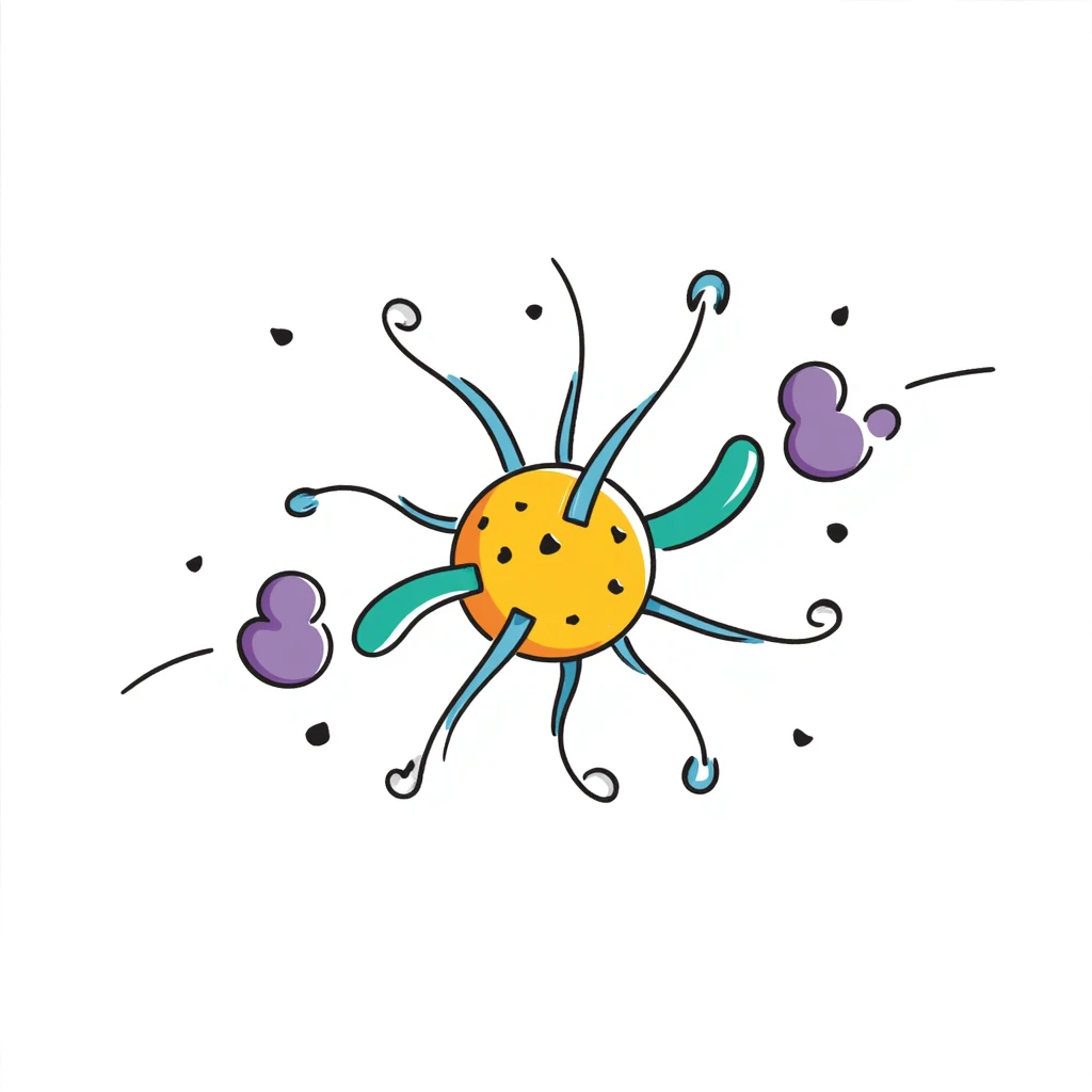 Neuroprotective mechanism illustration: central yellow neuron with orange cell body, blue dendrites, and long green axon, surrounded by supportive glial cells in purple and protective molecules shown as small colored shields. Hand-drawn anatomical diagram with detailed cellular components. emoji