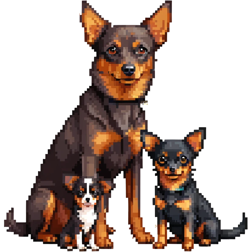 two dark-colored shepherd dogs and a dark-colored miniature pinscher Chihuahua together emoji