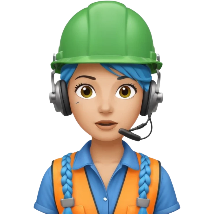 surprised construction worker blue braided haired woman wearing green helmet and headphones emoji