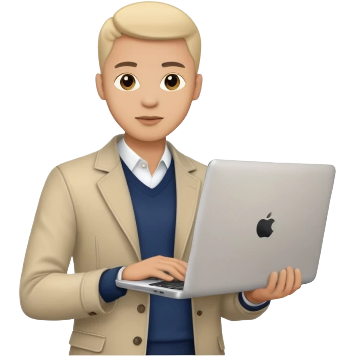 A typical IT specialist, a guy who looks stylish, has a laptop in his hands  emoji
