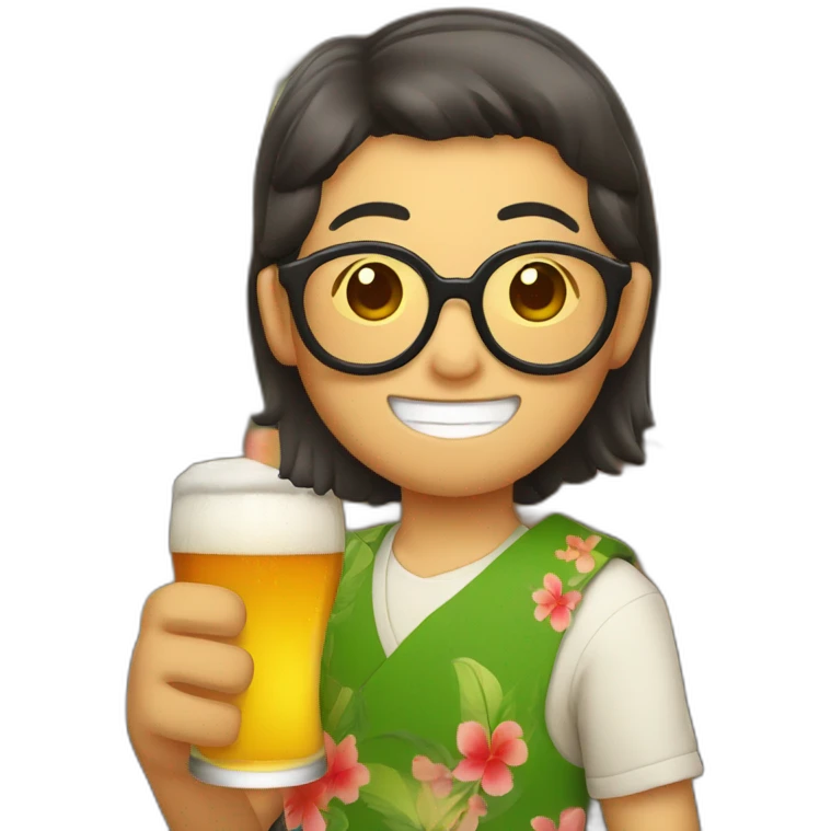 Japanese wearing roundglasses alohashirt is holding beer emoji