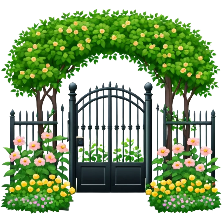 garden entrance with black iron fence, green trees and flowering plants emoji