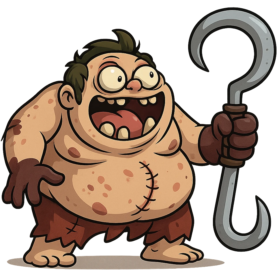 Pudge as a funny, exaggerated cartoon character, with a comical expression and oversized hook emoji