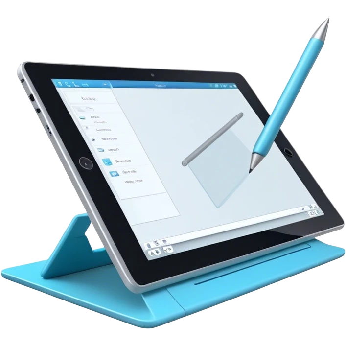 Create an emoji for 3D visualization and modeling. Show a large graphic tablet with a stylus drawing in a 3D modeling program. The 3D model on the screen should appear to protrude out of the screen. Use modern, professional colors. Make the background transparent. emoji