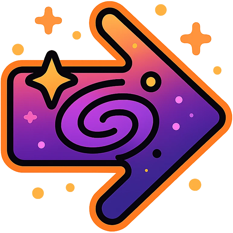 símbolo de anterior con galaxia en tonos púrpura y rosa, borde de neón naranja, efecto animado de galaxia y resplandor emoji