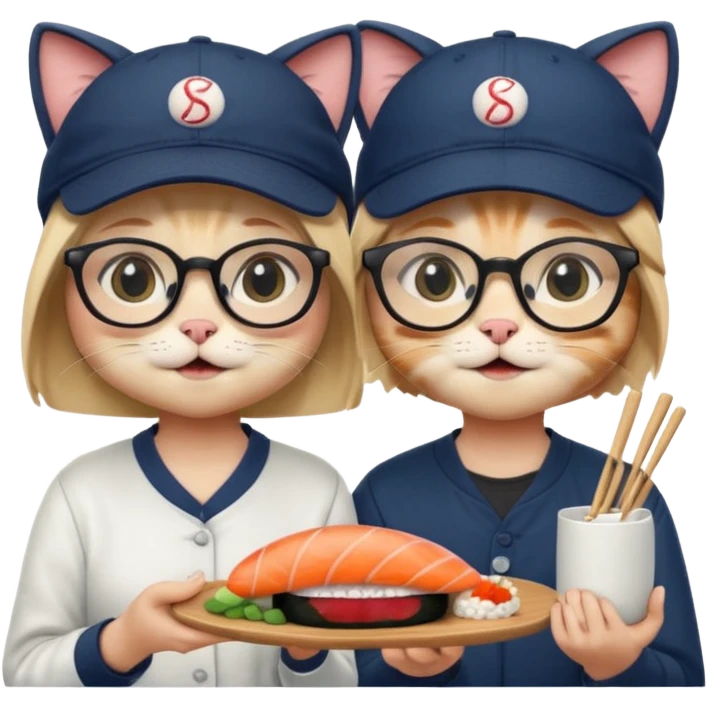 cute girl cat with glasses and a cute boy cat with a baseball cap eating sushi together emoji