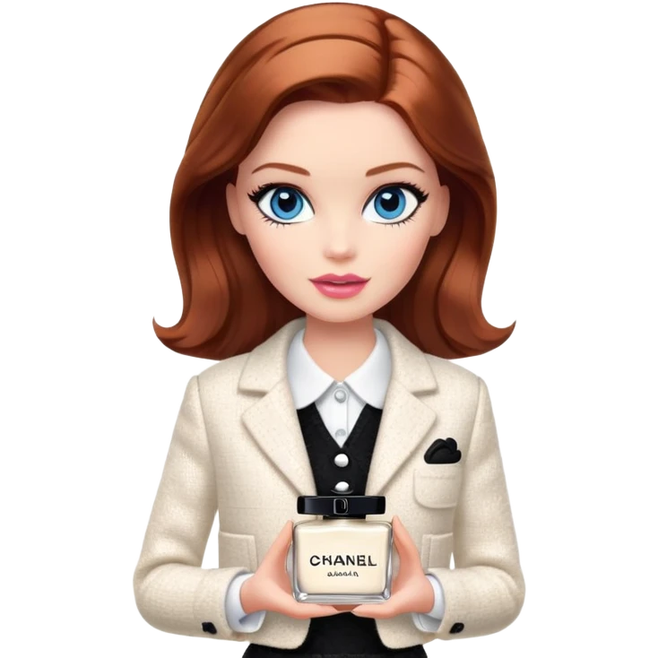 A Barbie girl with blue eyes, shoulder-length reddish-brown hair with makeup, wearing a white tweed jacket and a black skirt, holds chanel cream in her hand emoji