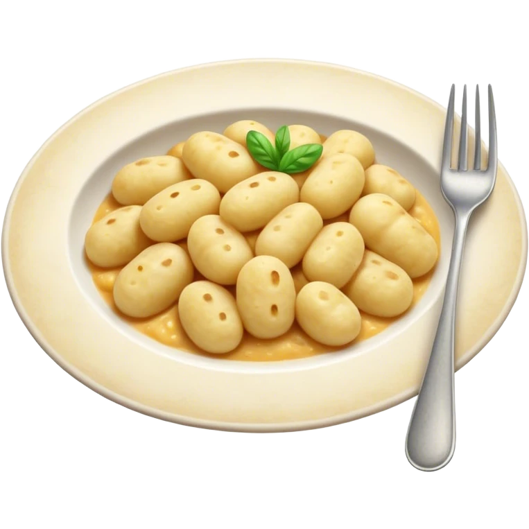 Gnocchi Cinematic Realistic Gnocchi Dish Emoji, depicted as tender oblong potato gnocchi garnished with iconic fork marks on top, rendered with soft textures and warm, inviting lighting. emoji
