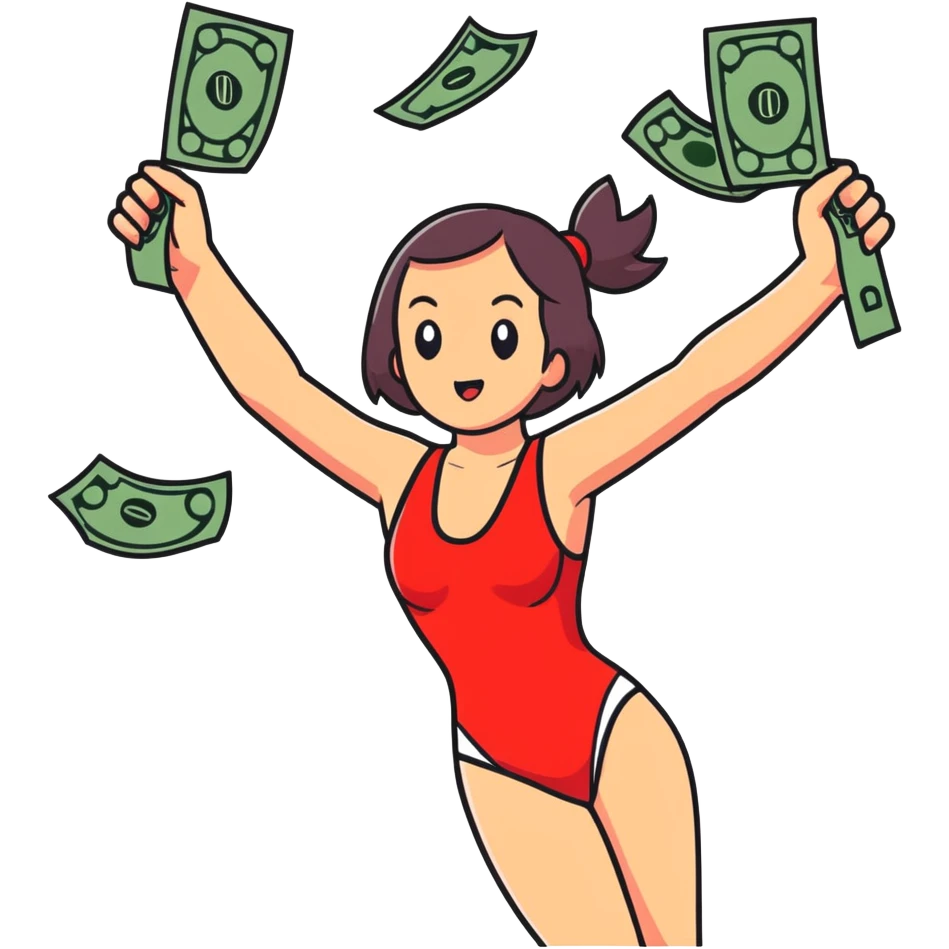 A girl in a red swimsuit shoots money from two pistols into the air emoji