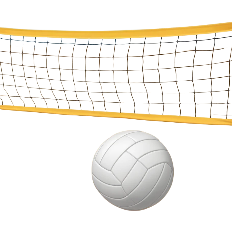A close-up volleyball net with a ball hovering above it, set against the backdrop of a sandy volleyball court. The scene highlights the tension of an impending play, with the court lines clearly visible and a bright, sunny atmosphere surrounding the action. emoji