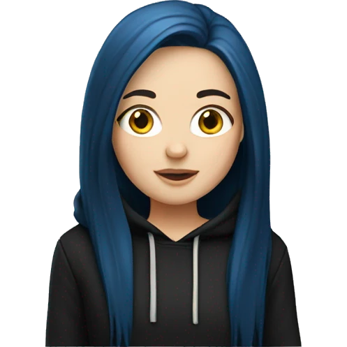 white girl with long straight dark blue hair wearing black hoodie emoji