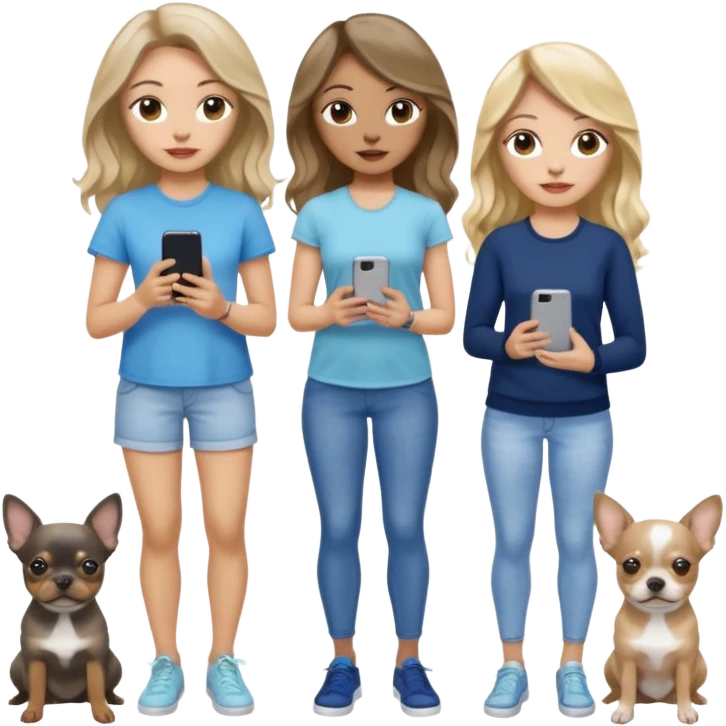 Three women in summer clothes holding iPhone, hazel eyed light skin with dark blonde long hair and light skin hazel eyed brown long wavy hair, blue eyed light skin long blonde hair walking 2 dogs,blue and gray spotted Merle Frenchie, black and tan chihuahua  emoji