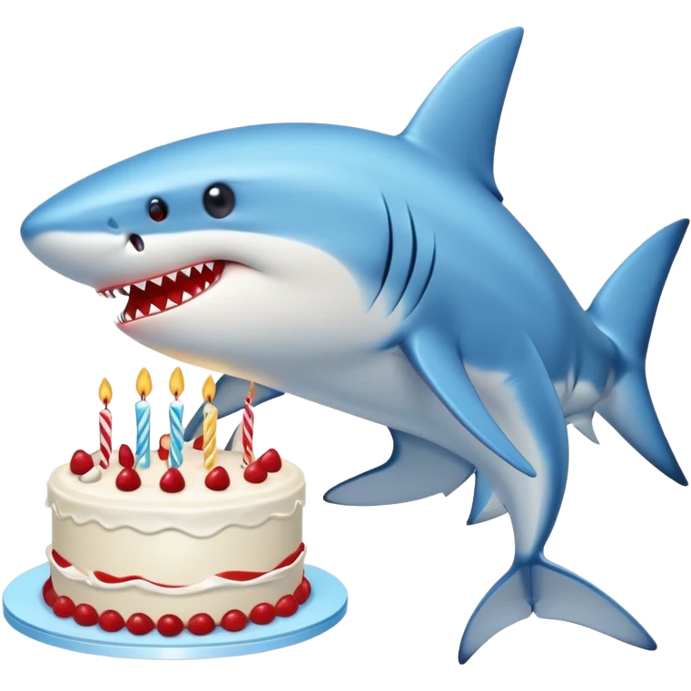 blue shark with puckered lips directly kissing a birthday cake, clear kissing action emoji