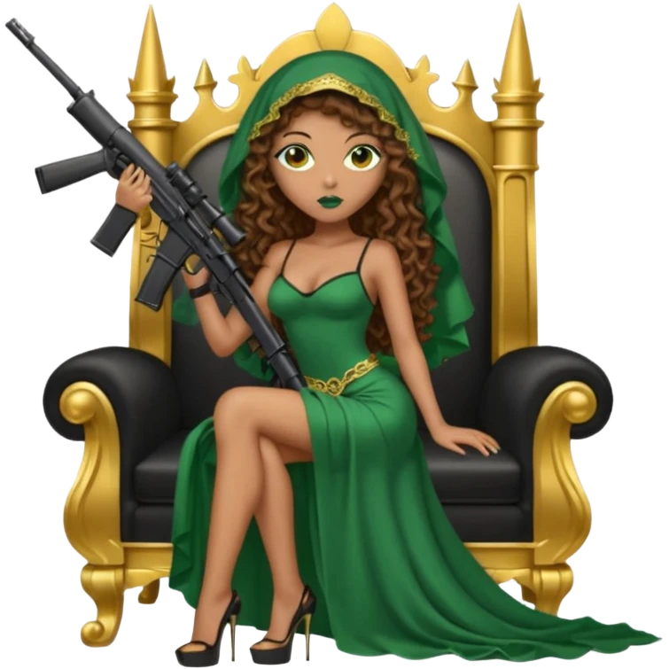Drug dealer female green eyes symbol.  hair is brown curly long hair. sexy long with long dress and face veil on that covers her mouth only. black stiletto platform high heels shoes on. Holding sniper rifle sitting on a gold throne. emoji