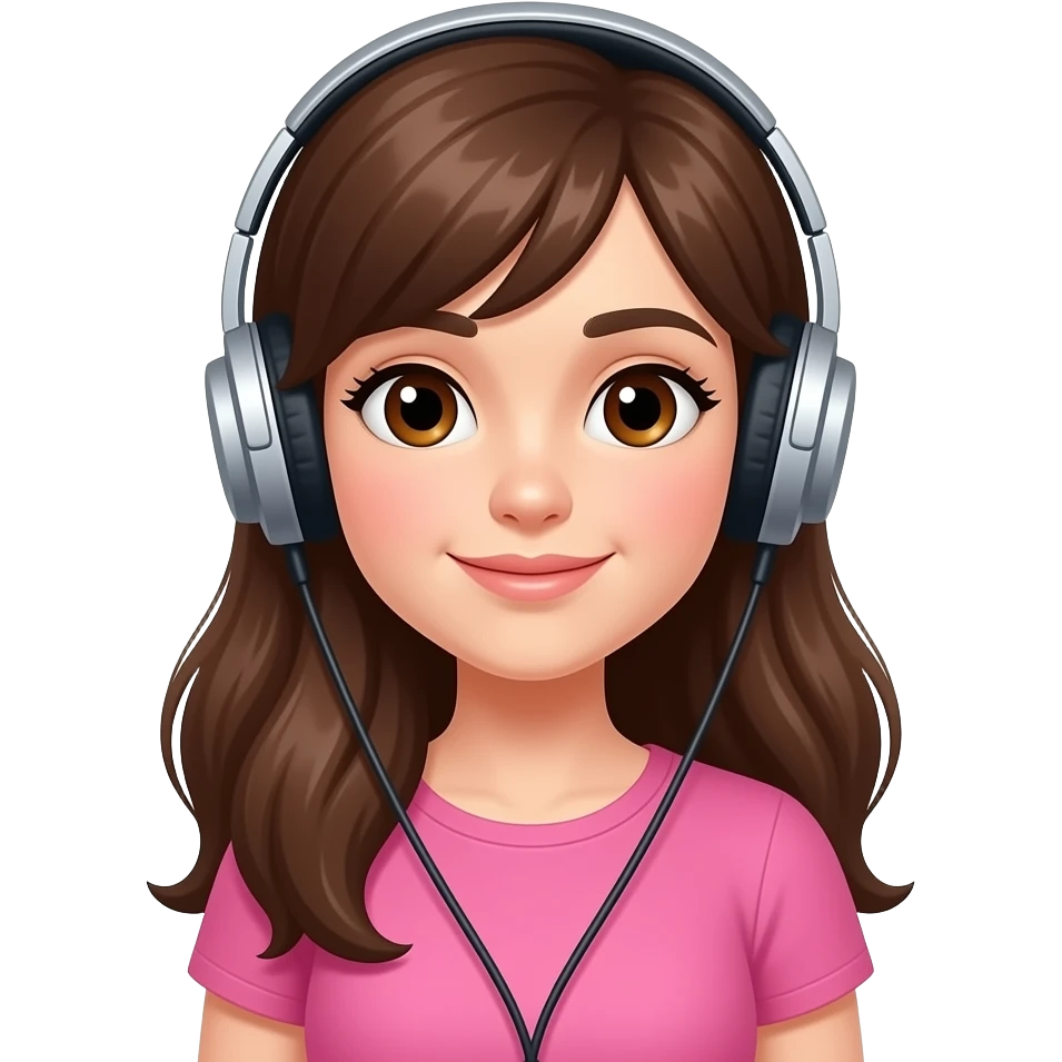 Tinédzer arca legyen a lánynak rózsaszín felső legyen rajta és zenét hallgasson és hosszú barna haja legyen és barna szeme és a haja ugyan olyan hosszú legyen emoji