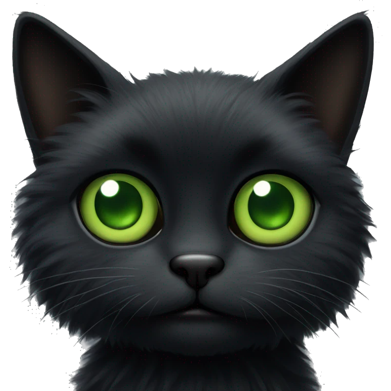 a black fluffy cat with green big eyes  emoji