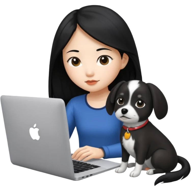 Asian girl with long black hair working on an Apple laptop, next to her is a small black and white dog with no collar on  emoji