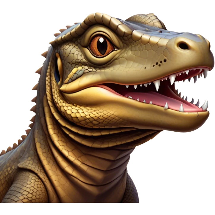 Cinematic Realistic Comical Komodo Dragon Portrait Emoji, Head tilted dramatically with an exaggeratedly amused expression, featuring a striking, glossy scaled hide with bold textures and wide, expressive eyes brimming with playful disbelief, rendered with lifelike detail and natural hues, high shine, dramatic yet playful, styled with an air of cheeky reptilian mischief, soft glowing outline, capturing the essence of a spirited and over‐the‐top Komodo dragon that looks ready to charge its way into viral fame! emoji