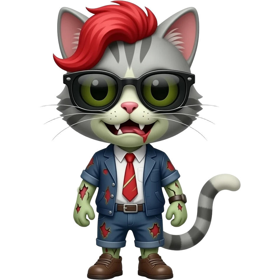 Zombie cat with sun glasses and Red colour hairstyle face emoji