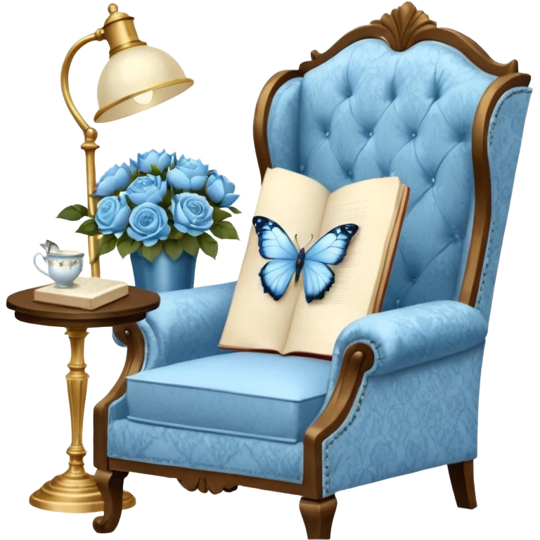 A cozy vintage-inspired reading nook, with an overstuffed ivory armchair, a golden reading lamp, and a bouquet of soft blue roses, white peonies, and dahlias resting on a small lace-covered side table, as a pearl butterfly gently rests on the open book.  emoji
