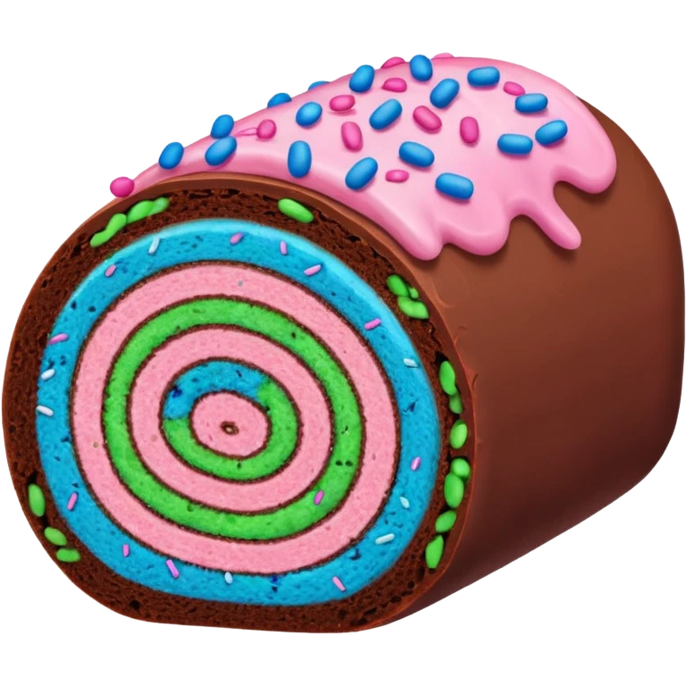 A chocolate swiss roll with pink, blue and green sprinkles emoji