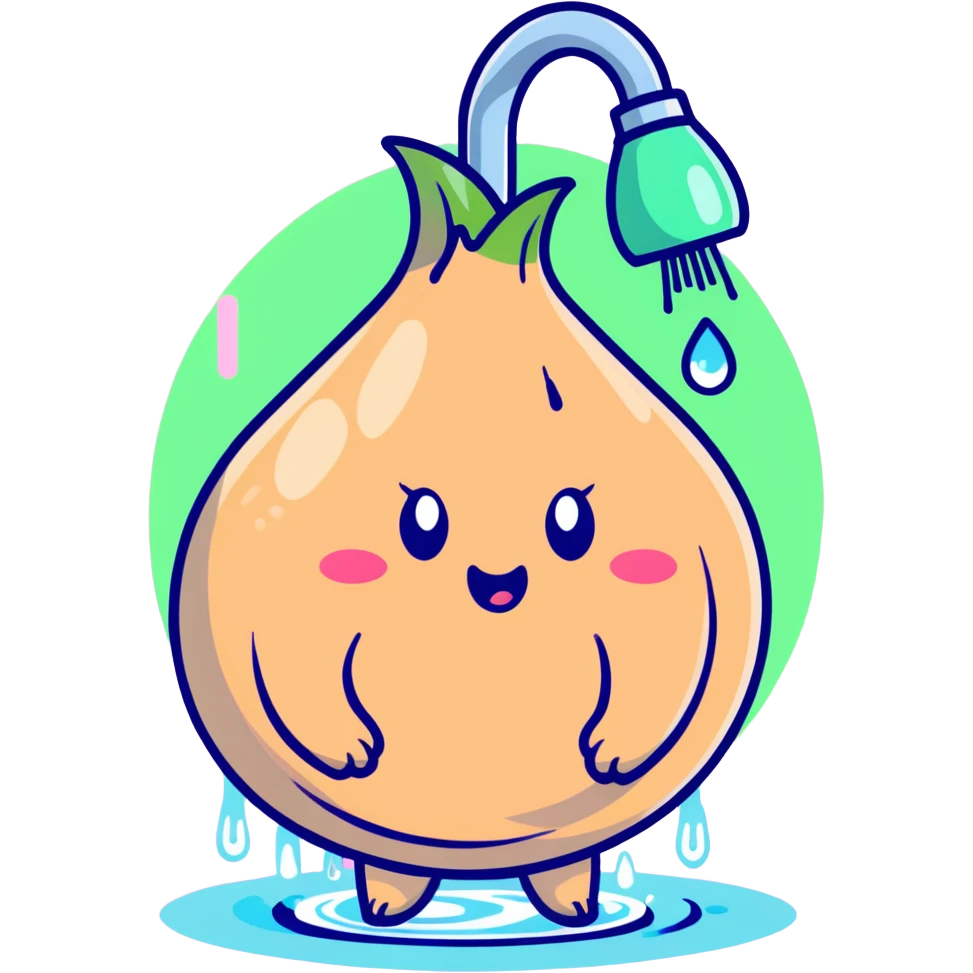 cute blushing onion character in shower, pink cheeks, shy expression, water pouring emoji