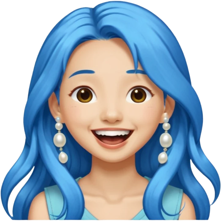 Asian girl with long blue hair, pearl hair clip, laughing out loud, nature lover emoji