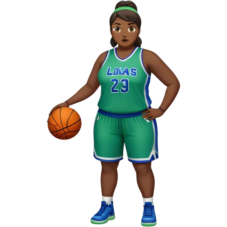 Full Body Latino plus size women basketball player wearing blue and green uniform emoji