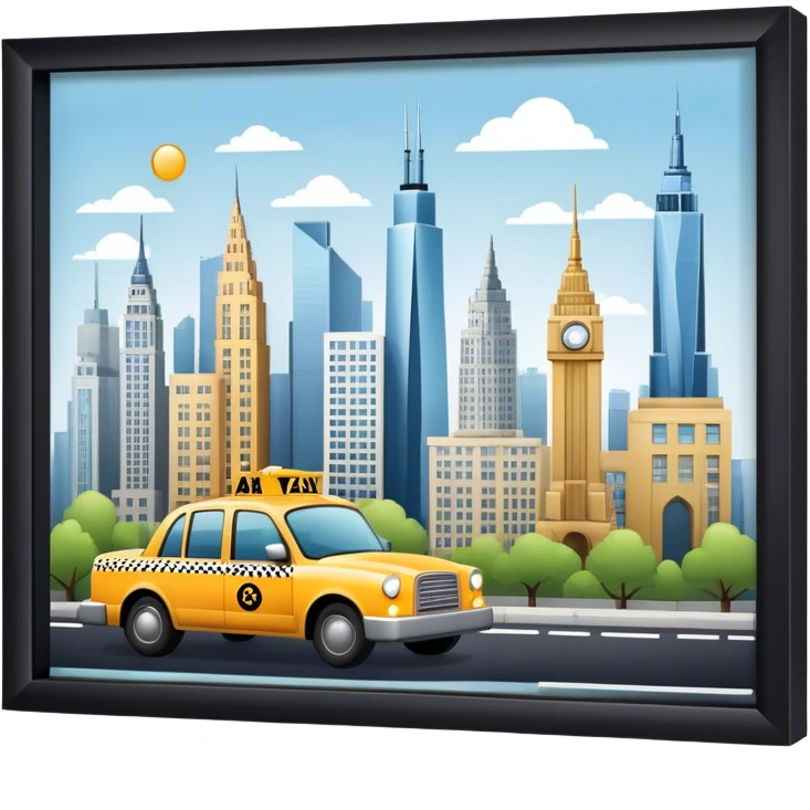 Icon for Urban Tourism: a skyline with iconic city landmarks, like skyscrapers, a subway, and a taxi, with travel accessories like a camera and map. The icon should represent the excitement of exploring urban environments. Transparent background. emoji
