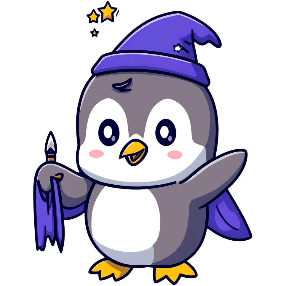 Cute penguin in a wizard costume with stars and magic emoji