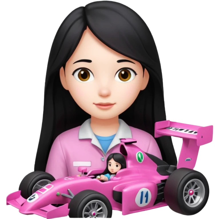 long black haired girl kid playing pink colored formula 1 car toy emoji